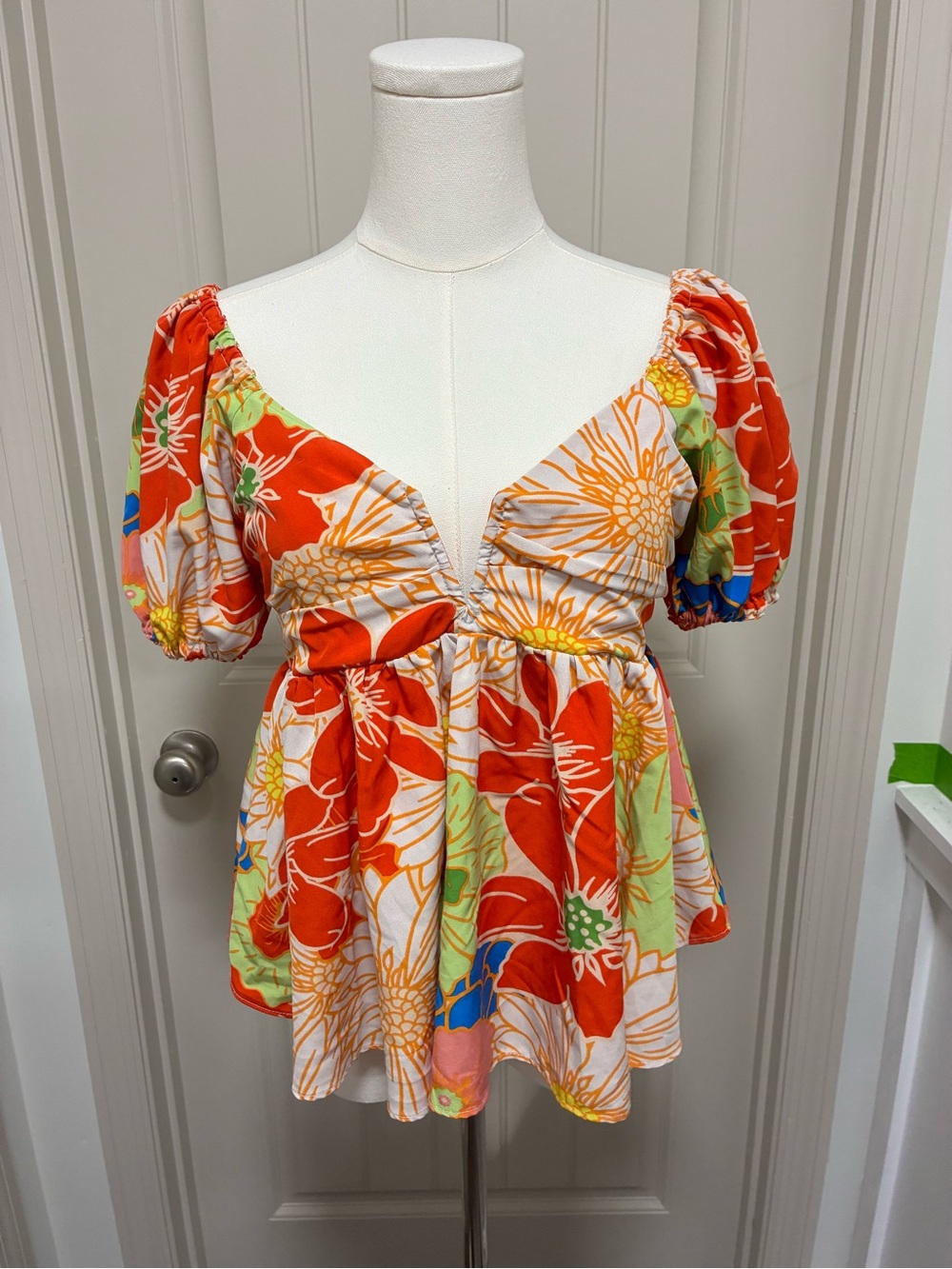 fab'rik Orange Floral Puff-Sleeve Peplum Top